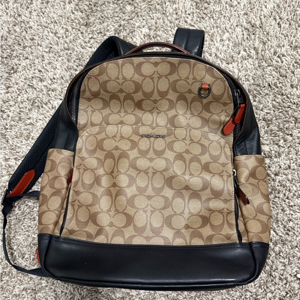 Coach Signature Canvas Backpack in Khaki and Black with Tan Accents